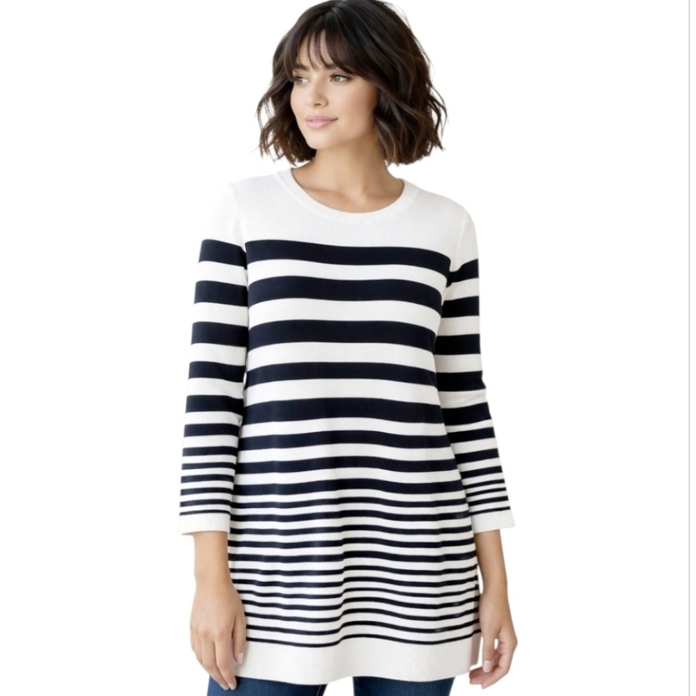 Talbots Black White Striped Tunic Sweater Classic Nautical Preppy Stretch M